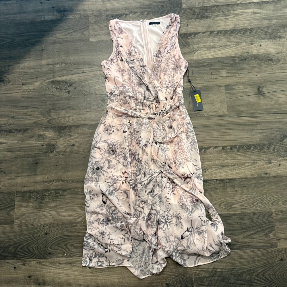 Tommy Hilfiger Pink Floral Faux Wrap Midi Dress Sleeveless Ruffle Hem 12 NEW
